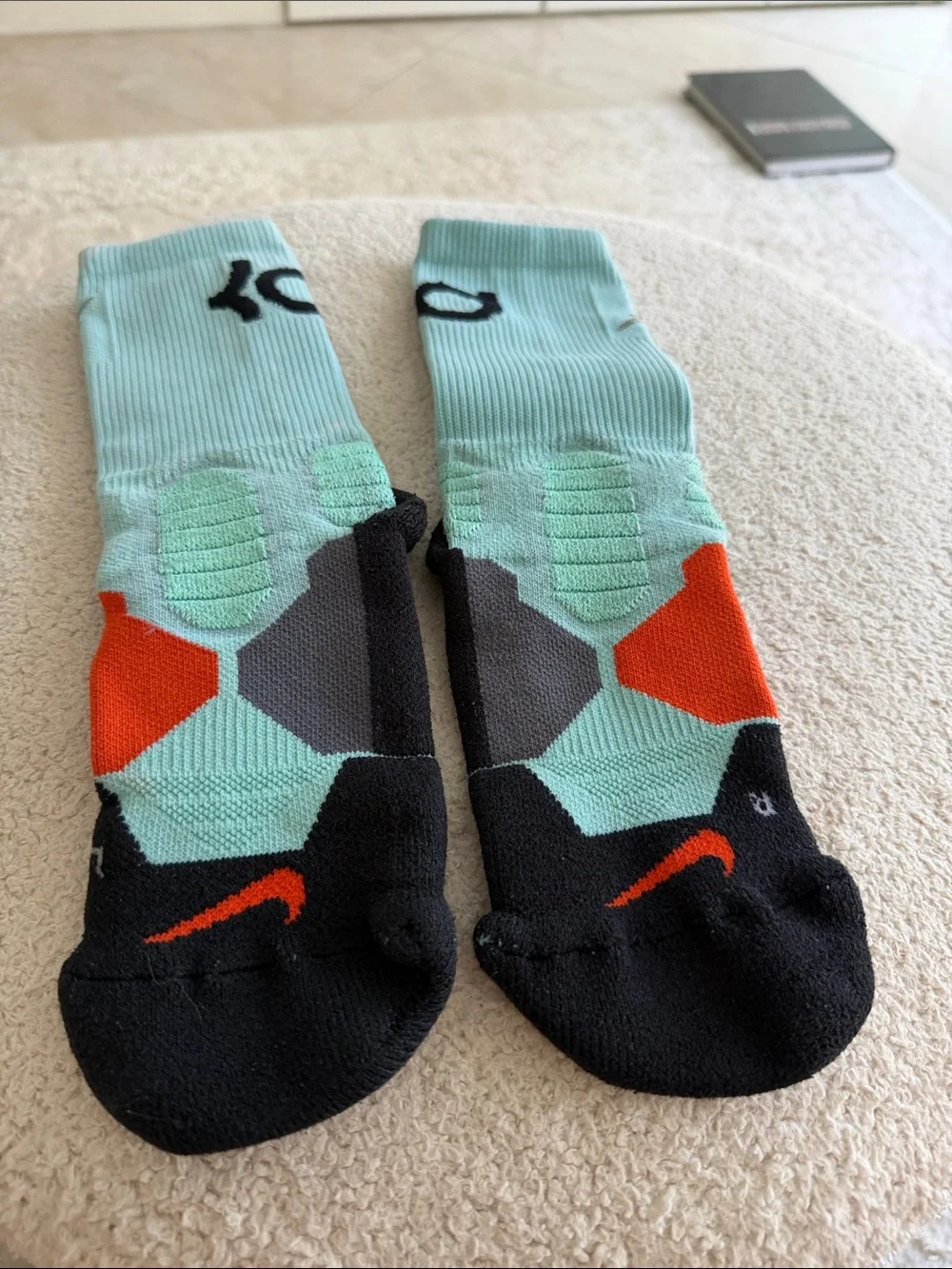 Nike KD kids Mint Green and Black Athletic Crew Socks with Orange Accents